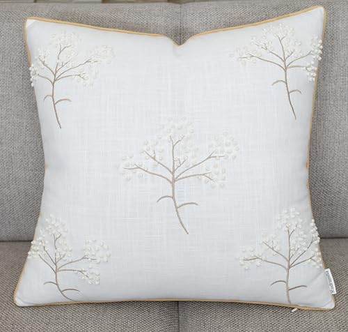 Rudransha Hand Embroidered Bahara Bloom Decorative Square Accent Throw Pillowcase - Decor for Bedroom, Sofa, Chair, Patio, Car, Balcony, Bench, Porch, Living Room, Office - 20x20 Inches, Ivory