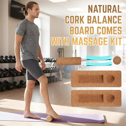 Cork Balance Board 4-in-1 Foot & Ankle Strengthener Kit with Toe Resistance Bands, Massage Ball & Balance Roller, Natural Cork Trainer for Foot Exercise, Mobility, Physical Therapy & Sports Training [Small Family Business]