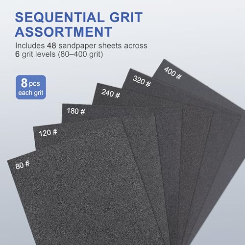 SCOTTCHEN 사포 48개, 113 x 135MM 실리콘 카바이드 습식 건식 샌딩 시트, 80/120/180/240/320/400 그릿, 목재 금속 가구 재마감 녹 제거용 - style: 핸드 샌딩 블록용 사포