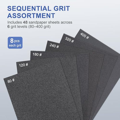SCOTTCHEN 사포 48개, 113 x 135MM 실리콘 카바이드 습식 건식 샌딩 시트, 80/120/180/240/320/400 그릿, 목재 금속 가구 재마감 녹 제거용 - style: 핸드 샌딩 블록용 사포