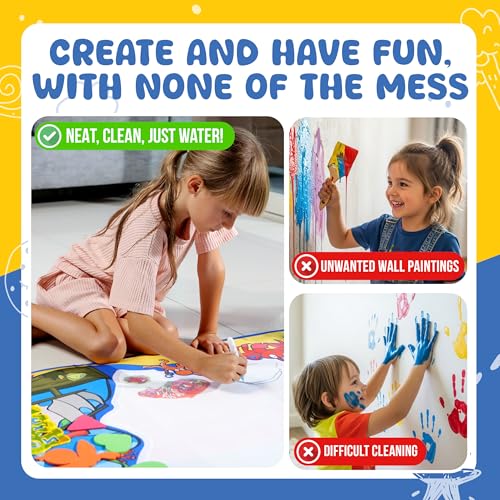 Water Doodle Mat 40 x 32 Inch – Mess Free Toddler Painting Toys, Water Drawing Mat for Kids Ages 3+ with Roller, Stamps, Markers, Water Pens, Foam Shapes, Stencils & Pouch