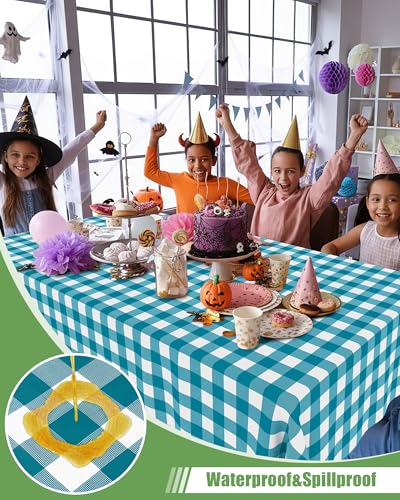 Smiry 8 Packs Gingham Disposable Table Cloth, 54 x 108 Inch Waterproof Plastic Tablecloth, Rectangle Turquoise and White Checkered Table Covers for Picnic, Birthday, Party - color: Turquoise and White, size: 54"x108" (Pack of 8)