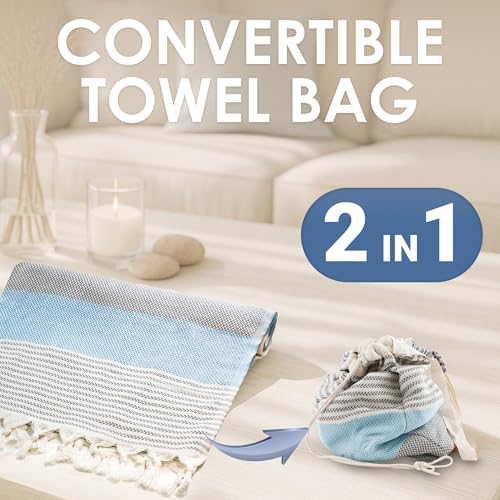 ATANI Turkish Beach Towel, Converts to a Bag, Oversized 100% Cotton Bath Towels Lightweight Quick-Dry Beach Blanket for Travel, Picnic, Camping, Yoga and Pool (Grey x Turquise, 71 inc x 39 inc) - color: Grey X Turquise, size: 71 inc x 39 inc