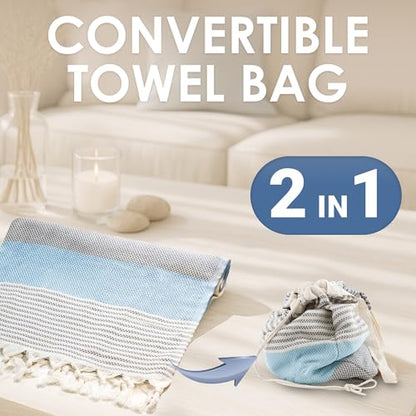 ATANI Turkish Beach Towel, Converts to a Bag, Oversized 100% Cotton Bath Towels Lightweight Quick-Dry Beach Blanket for Travel, Picnic, Camping, Yoga and Pool (Grey x Turquise, 71 inc x 39 inc) - color: Grey X Turquise, size: 71 inc x 39 inc