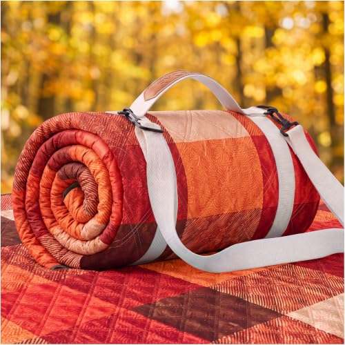 RYCHIC Waterproof Picnic Blanket Beach Mat Outdoor Outside Rug Tent Floor Carpet Extra Large Foldable Sandproof Autumn Decor Decoration Roadside Outdoor Thanksgiving Essentials Fall Party Stuff - color: Autumn Orange Red Plaid