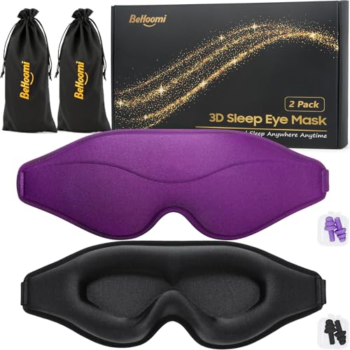 BeHoomi Sleep Mask, 2 Packs Premium Eye Mask for Sleeping, Total Blackout, Superior Soft Comfort, Upgraded 3D Ergonomic Designed Sleeping Mask for Home, Office, Travel, Meditation, Black & Purple - color: Black & Purple