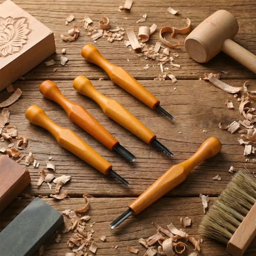 WILLBOND 5 Pcs Linoleum Carving Tool Set Wood Handle Linocut,Round | V Shaped Chisel for Printmaking, Triangular Grip, Rubber Stamp Making, Block Cutting Kit, Woodcarving Projects - style: Round