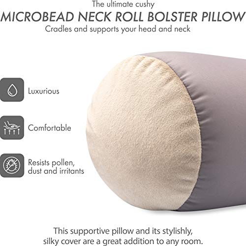 Microbead Bolster Neck Roll Pillow, 14x8 in Cylinder Tube, Stone Grey | Silky feel fabric helps prevent wrinkles & hair breakage; feather-light beads gently cushion head & shoulders as you rest - color: Stone Grey