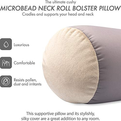 Microbead Bolster Neck Roll Pillow, 14x8 in Cylinder Tube, Stone Grey | Silky feel fabric helps prevent wrinkles & hair breakage; feather-light beads gently cushion head & shoulders as you rest - color: Stone Grey