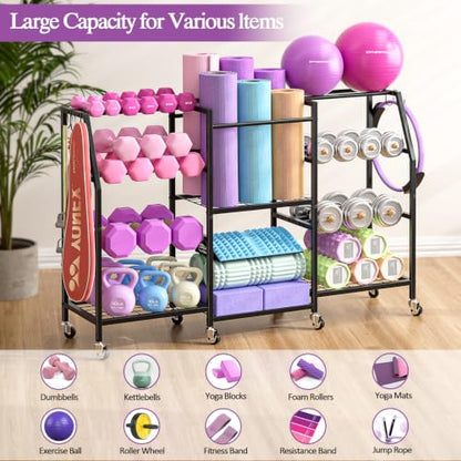 Dumbbell Rack, Weight Rack for Home Gym, Yoga Mat Storage Rack, Exercise Equipment Storage with Wheels and Hooks, Home Gym Equipment Organizer for Kettlebells - size: Large