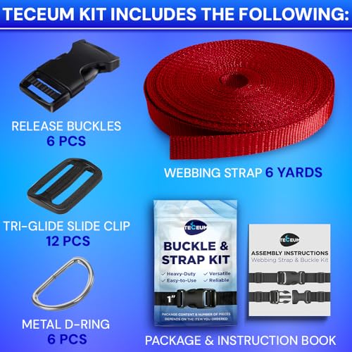 TECEUM 1" Nylon Strap Kit with Buckles, Red 6 yards Repair Set | Heavy duty hardware kit: 6yd webbing, 6 quick release buckles, 12 tri-glide slide clips, 6 metal D-rings for crafting. - color: Red, size: 1" - 6 yards, style: 6 Buckle - 12 Slides - 6 D-rin