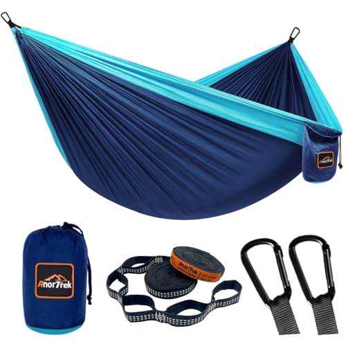AnorTrek Camping Hammock, Super Lightweight Portable Parachute Hammock with Two Tree Straps Single or Double Nylon Travel Tree Hammocks for Camping Backpacking Hiking - color: Blue&navy, size: Single 110''L x 55''W
