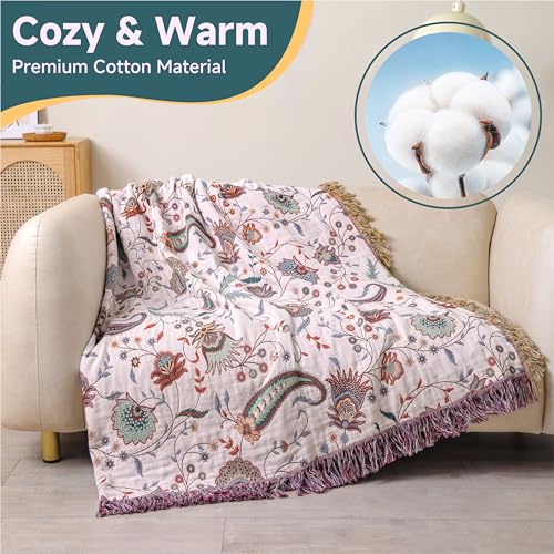100% Cotton Boho Throw Blanket for Bed White Flowers 90"x98" - color: Cashews, size: 90"x98"