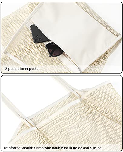Iioscre Beach Bag for Women, Causal Hobo Handbags with Zipper Inner Pocket - color: Beige