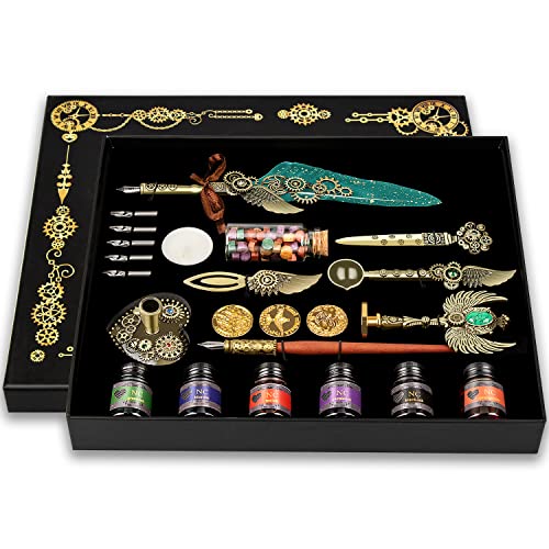 NC Quill Pen and Ink Set, Feather Calligraphy Pen Set, Wax Seal Stamp Set, Valentine's Day Gift for Writing Lovers, Various Holiday Ideal Gift (Green) - color: Green