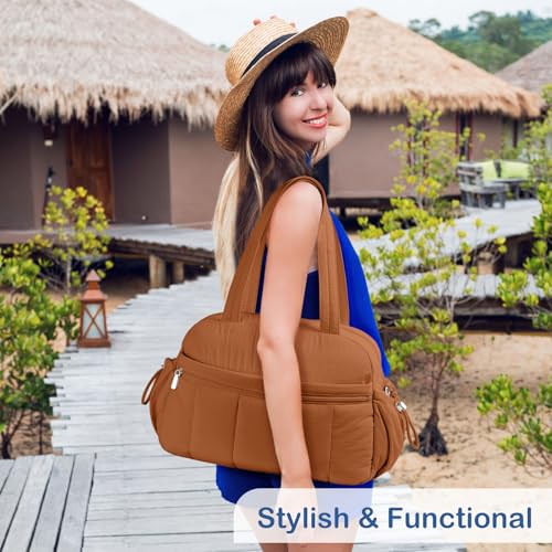TOPDesign Travel Duffel Bag for Women, Puffer Gym Bag Sports Tote with Wet Pocket, Carry On Weekender with Luggage Sleeve (Brown) - color: Brown