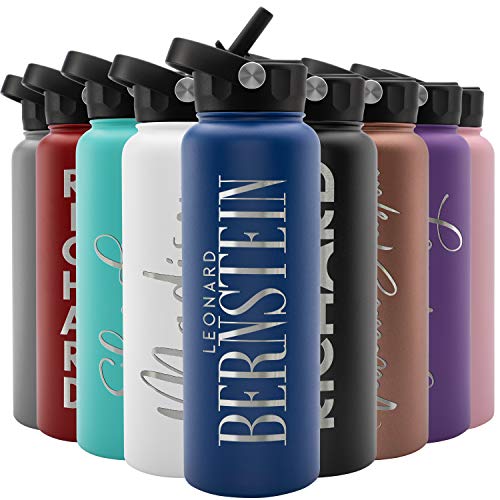Amazing Items Personalized Water Bottle w/Straw & Lid, 40 oz - Navy Blue | Custom Large Stainless Steel Sports Water Bottle w/Name and Text - Double-Wall, Vacuum Insulated - Rotating Handle - color: Navy Blue, size: 40 Ounces