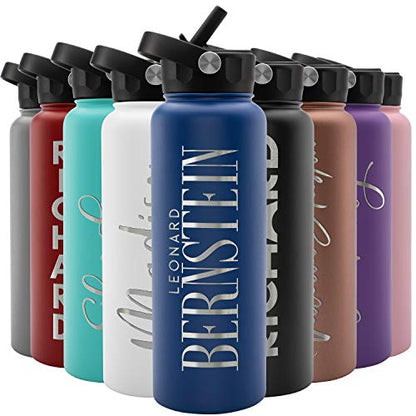 Amazing Items Personalized Water Bottle w/Straw & Lid, 40 oz - Navy Blue | Custom Large Stainless Steel Sports Water Bottle w/Name and Text - Double-Wall, Vacuum Insulated - Rotating Handle - color: Navy Blue, size: 40 Ounces