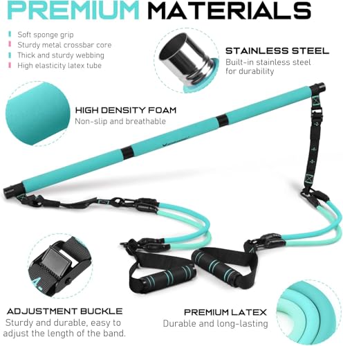 Pilates Bar Kit with 6 Latex Resistance Bands, Adjustable Exercise Bar - color: Blue