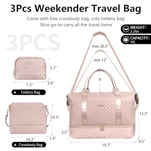 Weekender Bag, Large Travel Duffel Bag for Women, Carry on Overnight Bag with Shoe Compartment and Toiletry Bags - color: K-3PCS Nude