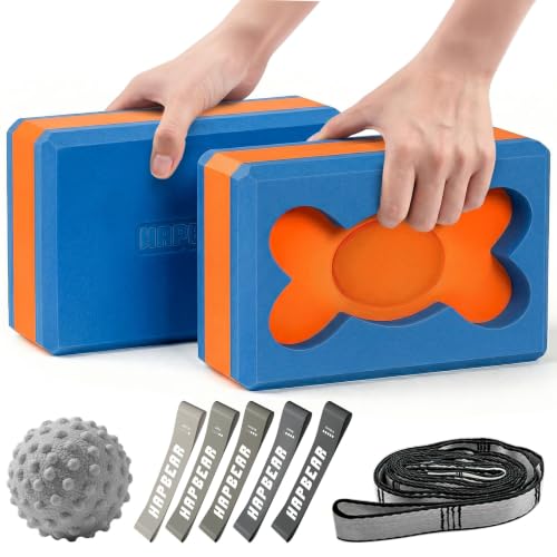 HAPBEAR Yoga Blocks 2 Pack - 9x6x3in High-Density EVA Foam with Non-Slip Textured Surface, Supportive for Deep Stretching & Lightweight - Ideal for Yoga, Pilates, Stretching Exercises - color: Blue/Orange