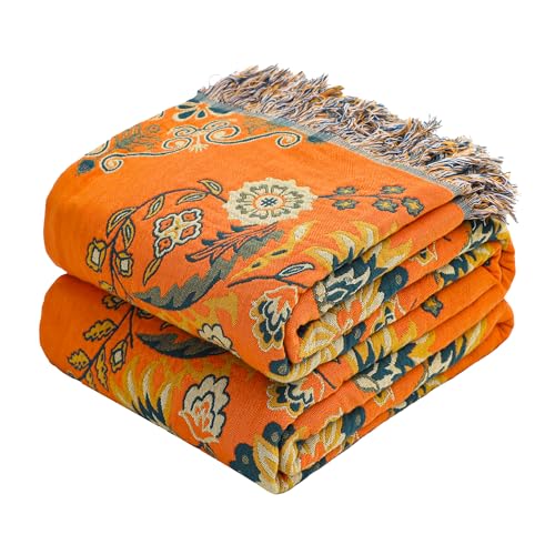 VANJOROY Boho Large Throw Blanket, 100% Organic Cotton Breathable Soft Bed Throw - Floral Farmhouse Decor Blanket for Sofa Couch Chair and Gift. 91" x 98"- Orange - color: Flower-art-red, size: King (91" X 98")