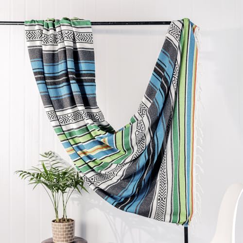 Airooglee 69" L x 51" W Large Mexican Blanket - Perfect as Yoga Blanket, Outdoor Blanket, Beach Blanket, Serape Blanket, Picnic Blanket, Camping Blanket, Woven Blanket, Boho Home Décor - Blue-Green - color: Blue-green
