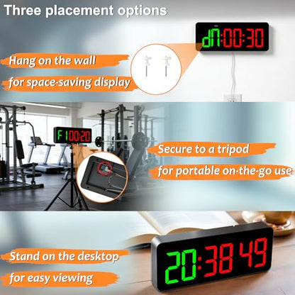 Gym Clock Timer for Tabata/FGB/EMOM Interval Workout | Large LED Display, Digital Wall Clock with Seconds, Remote Control, For Classroom Home Garage Office - color: Green