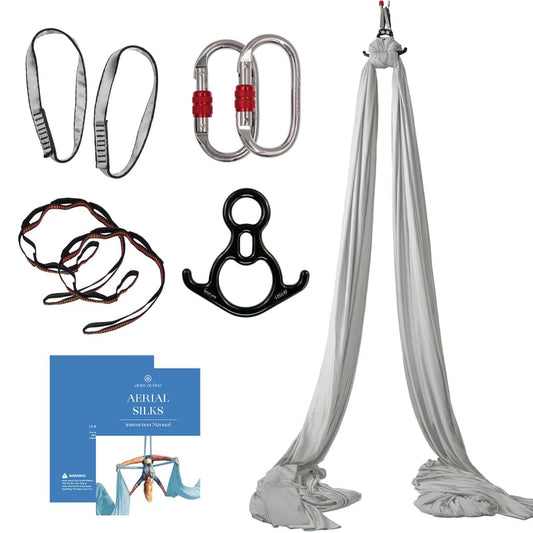 Aerial Silks Starter Kit, 9 Yards, Aerial Yoga Hammock, Hardware | Knitted fabric with pose guide, for aerial yoga, gymnastics, silk swing, stretching and home gym use, suitable for all levels - color: Silver