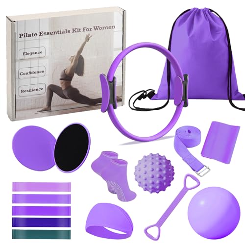 Pilates Ring Circle Set for Women, 17 Pcs Yoga Equipment Sets, with 14'' Yoga Ring, Massage Ball, Resistance Bands, Hip Thrust Belt, Hair Band, Anti Slip Socks for Legs Arms and Thighs - color: Purple