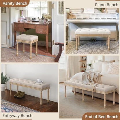 LUE BONA 60" Fabric End of Bed Bench, Upholstered Tufted French Bedroom Bench with Carved Legs for Bedroom End of King Size Bed, Living Room, Linen - color: Linen and Wood, size: 60''