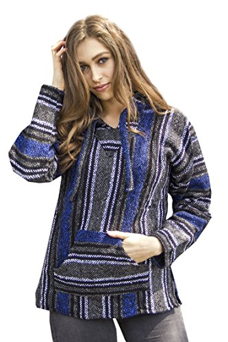 Del Mex Mexican Baja Hoodie Hippie Surf Poncho Sweater Sweatshirt Pullover Jerga - color: Blue/Charcoal, size: Medium