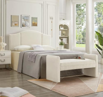 24KF Modern Upholstered Bed Bench Covered with Soft Boucle Teddy Fabric, Lovely Entryway Bench Ottoman with Armrest,5062-Cream - color: Cream Teddy Bench