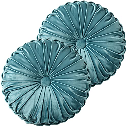 HIG Set of 2 Teal Velvet Decorative Round Pleated Throw Pillows - color: Teal