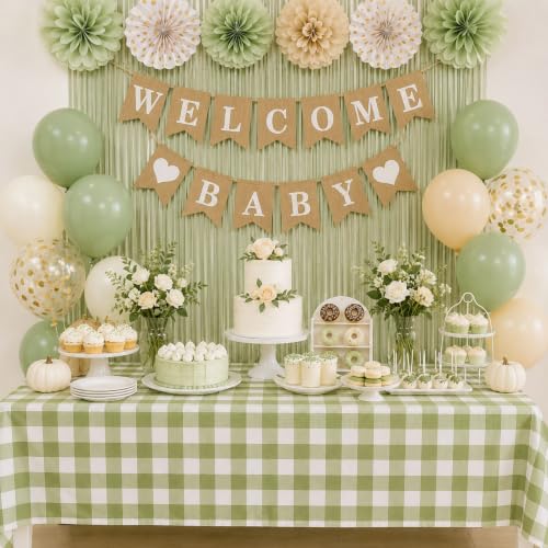 Blue Orchards Sage Green Gingham Table Cover (Pack of 3 with 20 Glue dots) - 54"x108" XL - Sage Green and White Checkered Picnic Tablecloth, Baby Shower Decoration, Outdoor Birthday Party Supplies - color: Sage Green Gingham (Pack of 3)