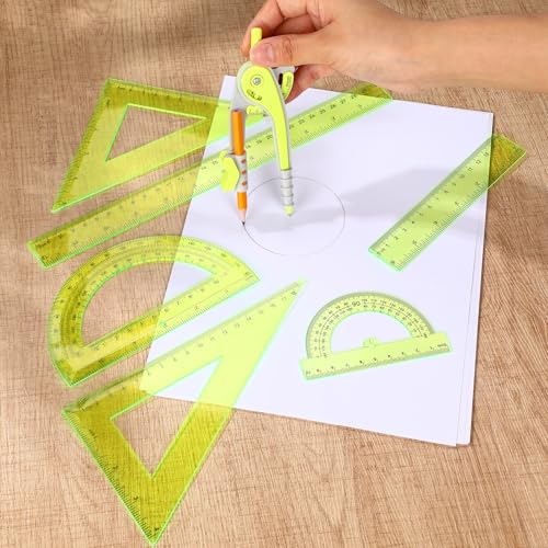Zonon 1 Set Plastic Geometry Math Set 7 Pcs Includes 6'' / 4 '' Protractor, Drawing Compass, 45/60 Degree Triangle Rulers, 12'' / 6'' Math Ruler Transparent for Office Supplies(Yellow) - color: Yellow