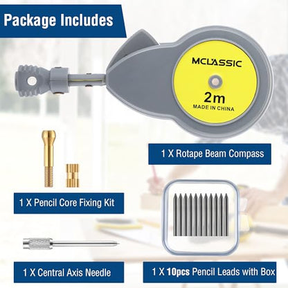 Dreyoo 6.56ft Rotape Tape Measure Compass for Large Circles and Lines | 10 Spare Pencil Leads, Push-Button Retract & Lock, Metric/Imperial Scale, Easy Operation, Woodworking & Drafting Use
