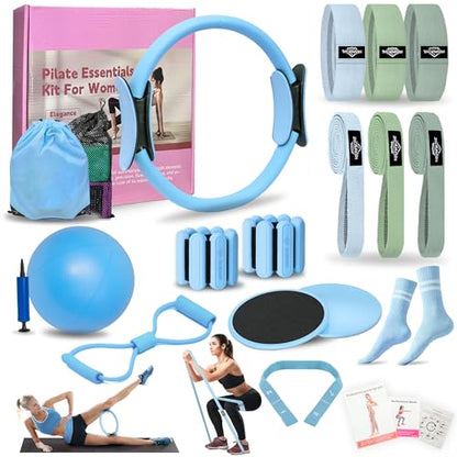 DICYWUDI Pilates Essentials Kit for Home Women, Pilates Equipment for Workouts, 6 Fabric Resistance Bands, 12 Inch Magic Circle Yoga Ring, Mini Exercise Ball, Great Exercise Equipment - color: 15pcs Blue set
