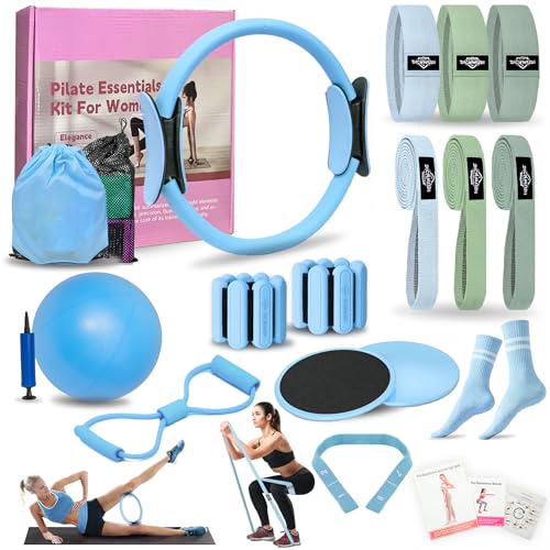 DICYWUDI Pilates Essentials Kit for Home Women, Pilates Equipment for Workouts, 6 Fabric Resistance Bands, 12 Inch Magic Circle Yoga Ring, Mini Exercise Ball, Great Exercise Equipment - color: 15pcs Blue set