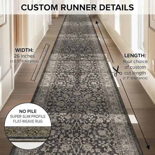 Well Woven Custom Size Hallway & Stair Runner- Asha Rome Charcoal Brown 26 Inches Wide Super Thin Long Runner (26" x 5' Runner) Rug - Floral, Easy Clean, Floor-Friendly Backing - size: 2'2" x 5' (Runner)