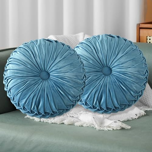 HIG Set of 2 Dusty Blue Velvet Decorative Round Pleated Throw Pillows - color: Dusty Blue