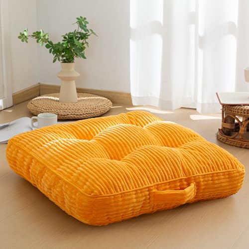 HIGOGOGO Floor Pillow Cushion for Adults, Meditation Cushion Pillow, Large Square Floor Sitting, Tufted Corduroy Cover, for Tatami Living Room or Yoga, 22x22 Inch, Orange - color: Square Orange, size: 4" Thick(Pack of 1)