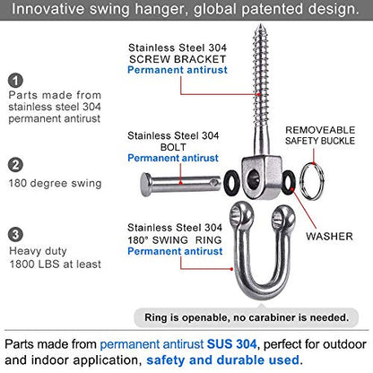 SELEWARE 2 Pack Swing Hangers Swing Set Hooks Stainless Steel Hammock Hooks | Heavy Duty Swing Mount for Porch Swing, Hammock Chair, Heavy Bag, Yoga Silk, Suspension Straps, Gymnastics Rings - color: Stainless 2 Pack Swing Hooks