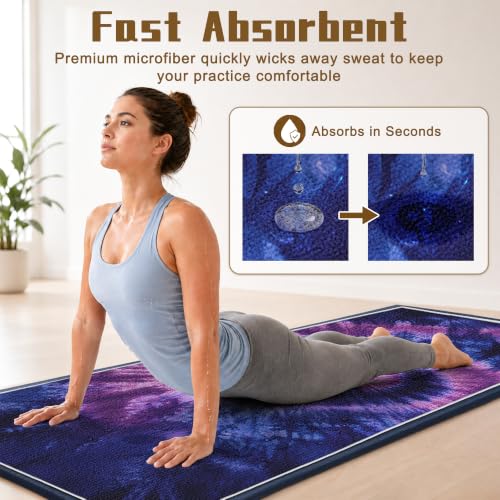 Yoga Mat Towel Non Slip Ultra-Absorbent Hot Yoga Towel, Super Stylish Printed Sweat Hot Yoga Towel, Ideal for Home, Workouts, Pilates, Yoga, 72 x 27in, Purple & Black Tie Dye - color: Purple & Black Tie Dye