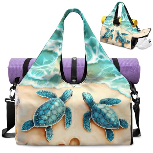 Gym Bag with Yoga Mat Holder Large Tote Bag With Multi Pockets for Women Men Dry Wet Separated Pocket Carryall Yoga Tote Bag for Pilates Travel Workout Office - color: Cute Sea Turtle