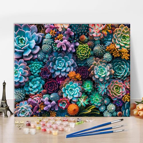 TUMOVO Succulent Paint by Number for Adults, Flowers DIY Paint by Numbers Kit for Adults, Botanical Acrylic Painting by Number on Canvas for Gift Home Wall Decor 16"x20"(Frameless) - color: Succulent