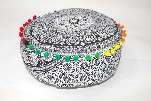 INDIAN CRAFT CASTLE ICC Black Elephant Mandala Barmeri Large Floor Pillow Cover Cushion Meditation Seating Ottoman Throw Cover Hippie Decorative Zipped Bohemian Pouf Ottoman Cases 16" Round - color: Black and White, size: 16"D x 16"W x 5"H
