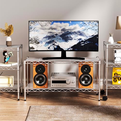 2-Tier Heavy Duty Metal Shelving Unit,Wire Shelf Rack with Lockable Wheels - size: 2-Tier,36"x18"x19.5"(WxDxH）