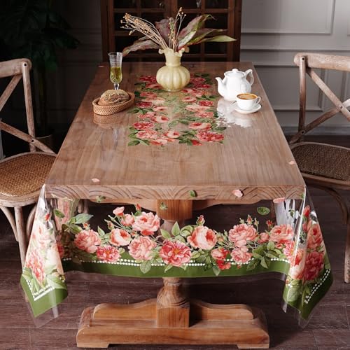 Clear Table Protector Cover Vinyl Rose PVC Tablecloth, 60"x104" | Dining Room, Kitchen Meals, Tabletop Protection, Easy Cleanup, Brunch, Parties, Holiday Gatherings, Everyday Use - color: Rose, size: 60" x 104" (Rectangular)