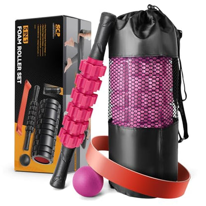 SUBCULTUREPICK 5 in 1 Foam Roller Set for Deep Tissue Muscle Massage | High Density Fitness Exercise Foam Roller, Muscle Roller, Massage Ball, Resistance Band, for Whole Body Physical Therapy Pink - color: Pink-black